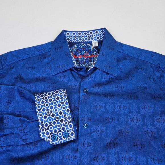 Robert Graham Mens Cullen Jacquard Flip Cuff Button-Up Shirt Print Cotton Blue M - Picture 1 of 16